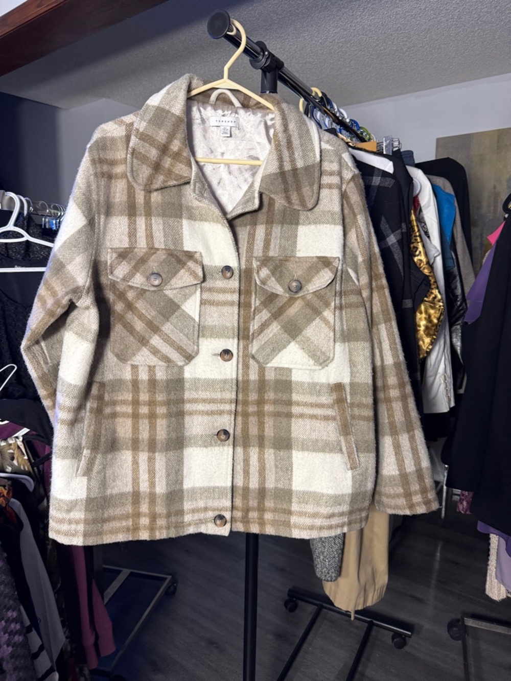 Plaid Button-Front Shacket in Beige and Cream - Women Accessories